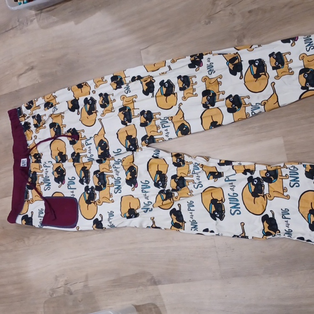 Lazy One Women’s MEDIUM PJ Pants Snug The Pug Puppy Dog Pajama Bottom